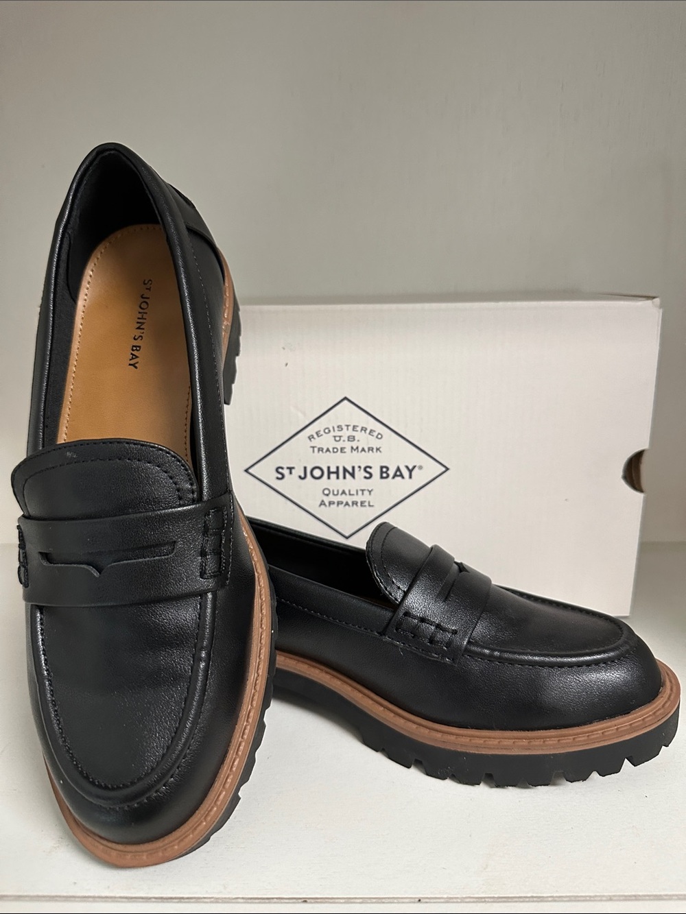 St. John's Bay Black Penny Loafers with Brown Welt